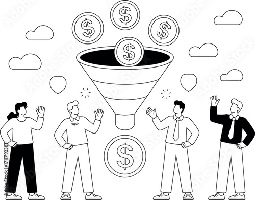 Team working together to funnel money and achieve financial success.