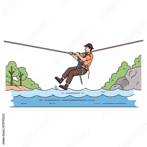Adventurous person traversing a zipline over water during outdoor recreation.