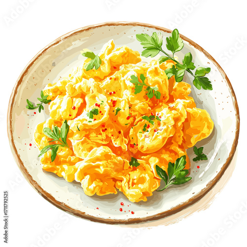 Vector illustration of a plate of scrambled eggs isolated on a solid white background
