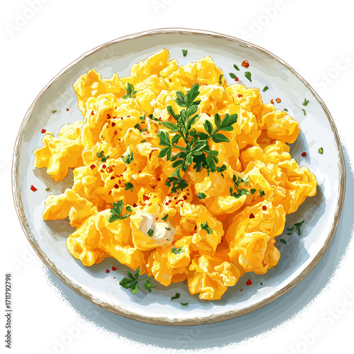 Vector illustration of a plate of scrambled eggs isolated on a solid white background