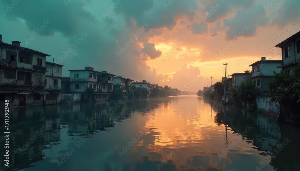 Fototapeta premium Submerged cityscape, buildings half-hidden beneath murky floodwaters, reflecting a somber sky The scene evokes devastation and the power of nature , clouds, catastrophe, rescue