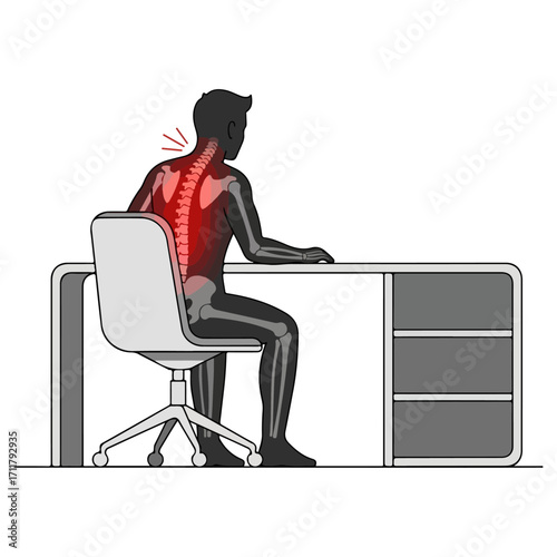 Poor posture at desk causing back pain and discomfort.