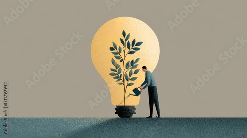 Nurturing Growth: Conceptual Illustration of a Man Cultivating an Idea Represented by a Plant Growing Inside a Light Bulb.