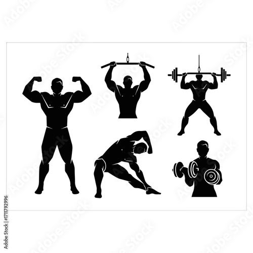 Silhouette of people working out with weights and exercising.