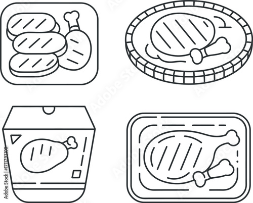 Clean line art icons representing various packaged meat products, perfect for food industry design.