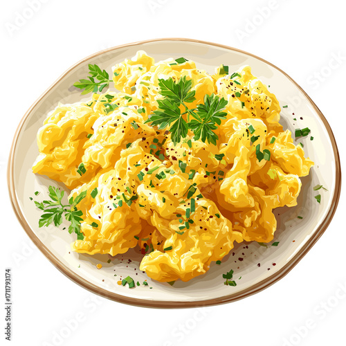 Vector illustration of a plate of scrambled eggs isolated on a solid white background