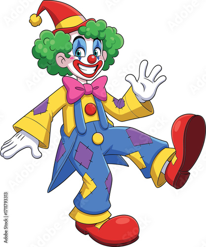 Funny cartoon clown character, colorful circus performer illustration, happy clown with green hair, red nose, costume and hat, playful entertainer vector art image