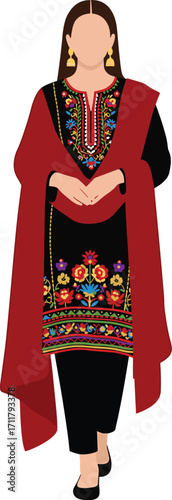 Pakistani woman in black Kashmiri embroidered shalwar kameez with dupatta isolated