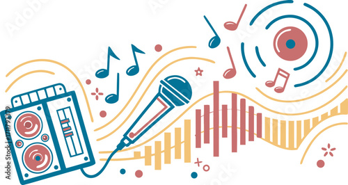 Vibrant illustration of a vintage boombox microphone and musical notes creating a lively atmosphere of sound and rhythm