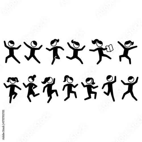 Joyful stick figures dancing and celebrating together.