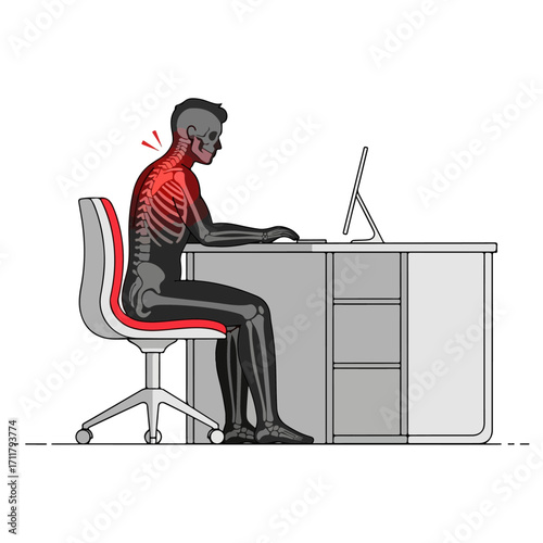 Poor posture at desk causing neck and back pain.