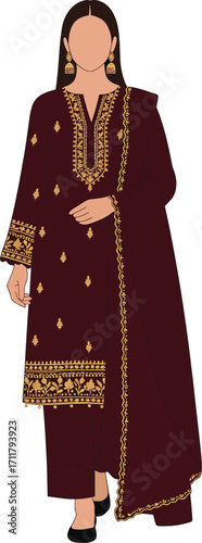 Pakistani woman in maroon embroidered shalwar kameez with dupatta isolated