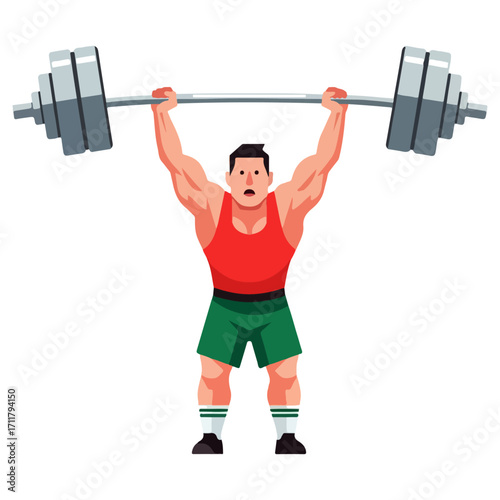 Weightlifter lifting heavy barbell overhead during training session.