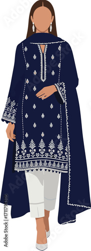 Pakistani woman in navy blue embroidered kameez with churidar and dupatta isolated