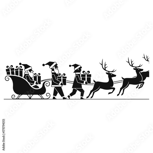 Santa Claus and his helpers delivering Christmas gifts in a sleigh.