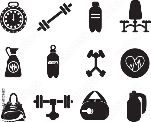 Fitness icons: gym, workout, health, sport equipment set