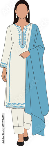 Pakistani woman in white traditional shalwar kameez with blue dupatta isolated