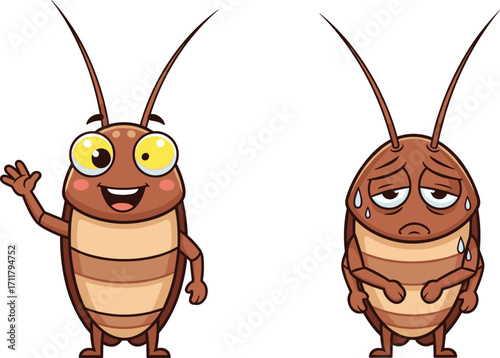 Funny cartoon cockroaches, emotional insect characters, smiling and sad expressions, vector illustration, bug emotions, quirky design, children content, pest humor