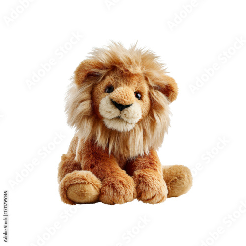 Adorable Plush Lion Cub Toy, Sitting, Isolated on Black Background