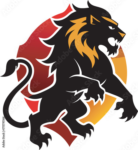 Fierce black lion silhouette roaring with fiery mane against a red and yellow abstract background Art & Illustration