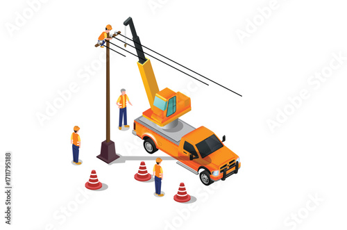 isometric installing electricity poles using heavy equipment, white background suitable for drawing books and related digital assets
