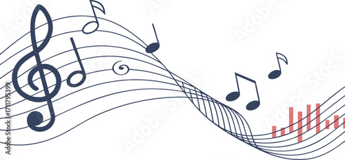 Abstract musical notation flows dynamically across a white background with a treble clef and scattered notes creating a sense of movement Art & Illustration