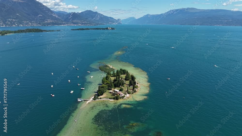 custom made wallpaper toronto digital4K drone footage of Isola di San Biagio on Lake Garda, Italy, highlighting the peaceful summer landscape.