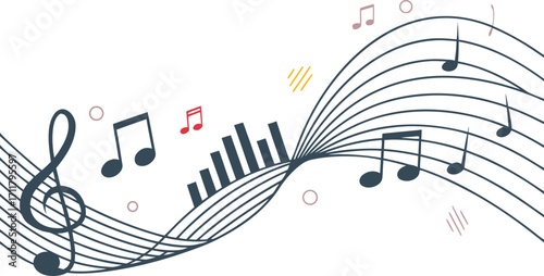 Abstract musical notes and staves flow dynamically across a white background creating a sense of rhythm and melody Art & Illustration