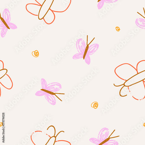Butterflies flying, seamless pattern with baby sketches, drawings. Endless sc...