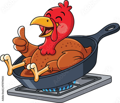 Funny cartoon turkey in frying pan, smiling cooked bird giving thumbs up, Thanksgiving humor illustration, roasted poultry character, isolated vector on white background.