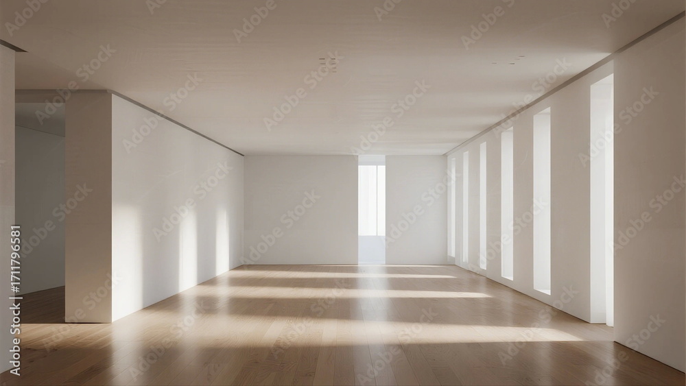 Obraz premium Bright and spacious empty room with white walls and wooden floor