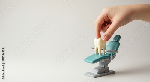 A hand gently places  tooth onto the examination area of diminutive, blue dental chair against an off-white backdrop, showing attention to care. Children’s dentistry concept.copy space