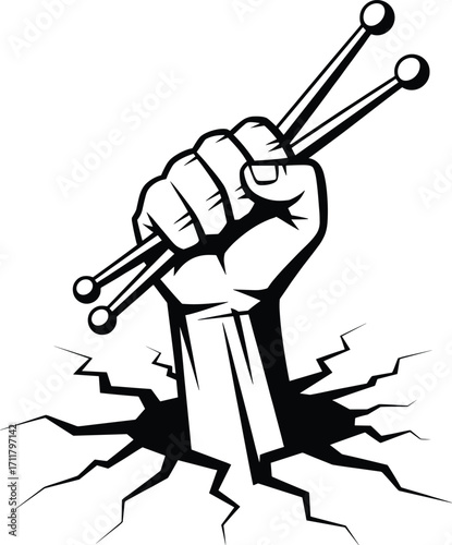 Powerful fist cracking ground holding drumsticks symbolizing music and rebellion