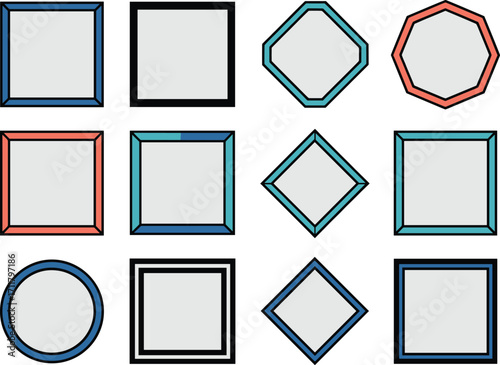 Collection of 10 minimalist geometric shapes frames with colorful borders for design projects