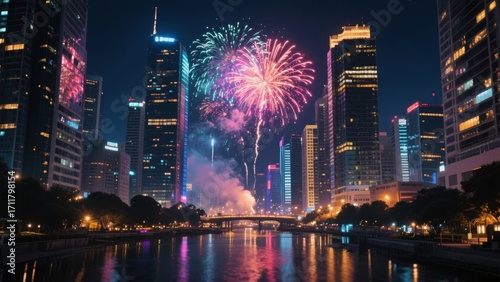 Fireworks explode over a city skyline at night, reflected in a river below.