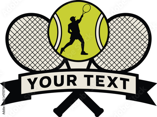 Customizable tennis emblem logo with player racquets and banner for sports design