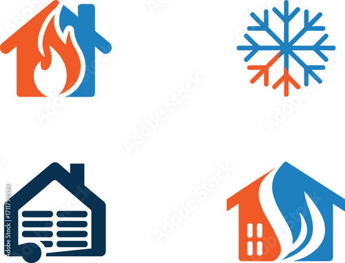 Set of four distinct hvac icons representing heating cooling ventilation and home comfort