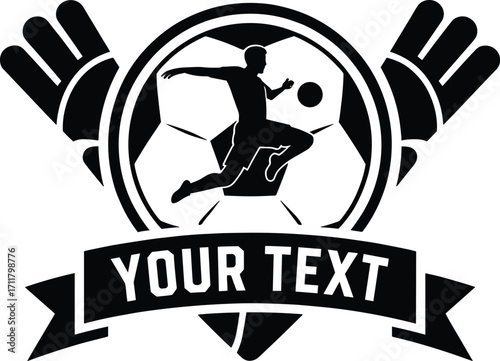 Customizable soccer emblem logo design with player and goalie gloves ready for text