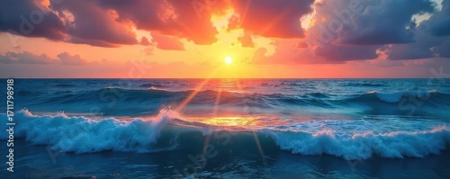 Vast expanse of deep blue ocean, waves gently rolling under a vibrant sunset sky Perfect for travel, nature, and serenity themes , holiday, travel