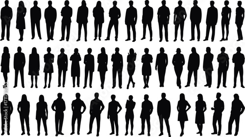 Group of business people silhouettes, professional team vector set, corporate men and women, standing people illustration, black human figures, teamwork concept, office staff design