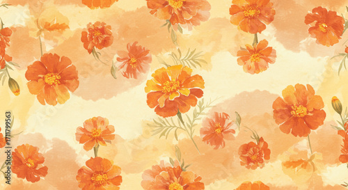 Hand-painted watercolor seamless pattern featuring vibrant orange marigold flowers on a warm yellow background