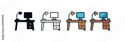 Vector icon business office desk same pose same proportions four styles black solid glyph outline minimal flat multicolor filled cartoon flat shaded.