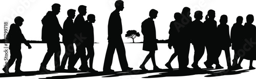 Group of people walking silhouette, diverse crowd movement, urban pedestrian scene, adults and children walking, black vector illustration, social gathering, outdoor activity image