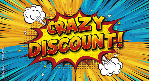 A comic bookstyle graphic displays the text CRAZY DISCOUNT within an explosive speech bubble