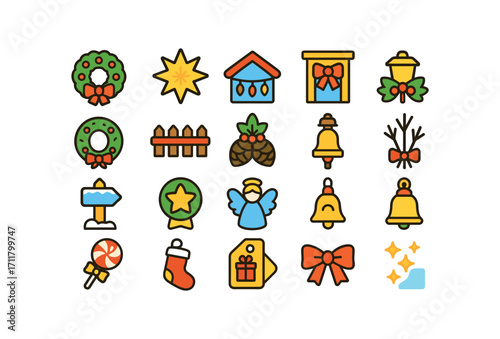 colorful flat vector icons Winter Villages (Decorations) door wreath window star roof lights porch bow gate garland fence ribbon lamp crown bell path marker pinecone bunch berry sprig.