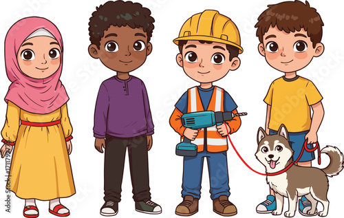 Group of diverse children cartoon illustration, Muslim girl, boy with dog, young builder, teamwork, friendship, kids character design, education