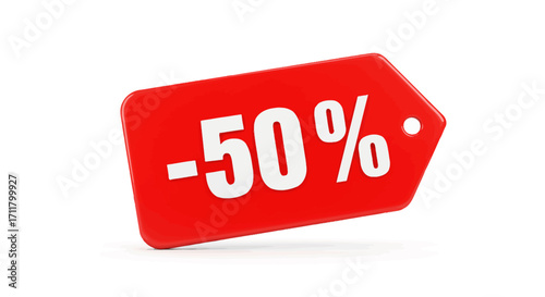 A red price tag displays a white 50 graphic The tag has rounded edges and a hole on one end