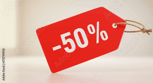 A red price tag with 50 in white hangs by a twine It is angled with a neutral background