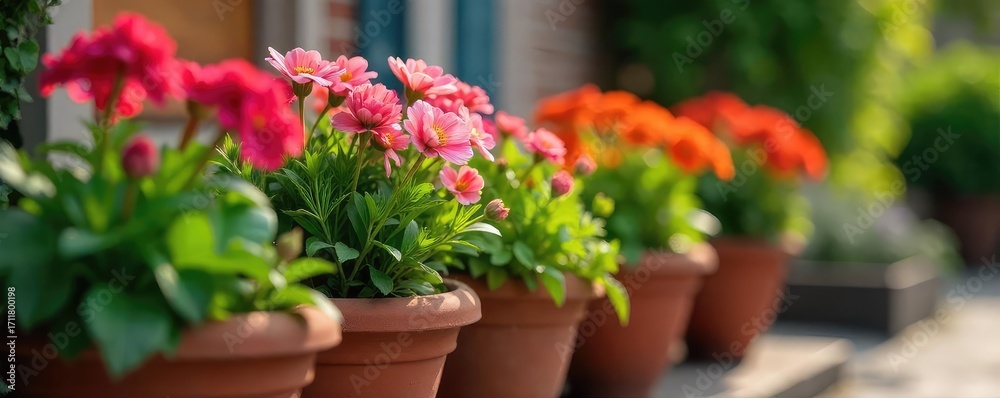 Obraz premium Blooming Spring Flowers in Terracotta Planter Add Natural Beauty to Your Home or Garden