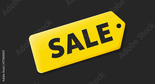 A yellow sale tag with bold black text SALE on a dark background A hole is in the upper right corner